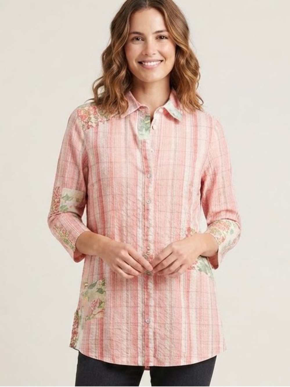 April Cornell Sz M Cotton Pink Plaid Strip Floral Cottagecore Blouse